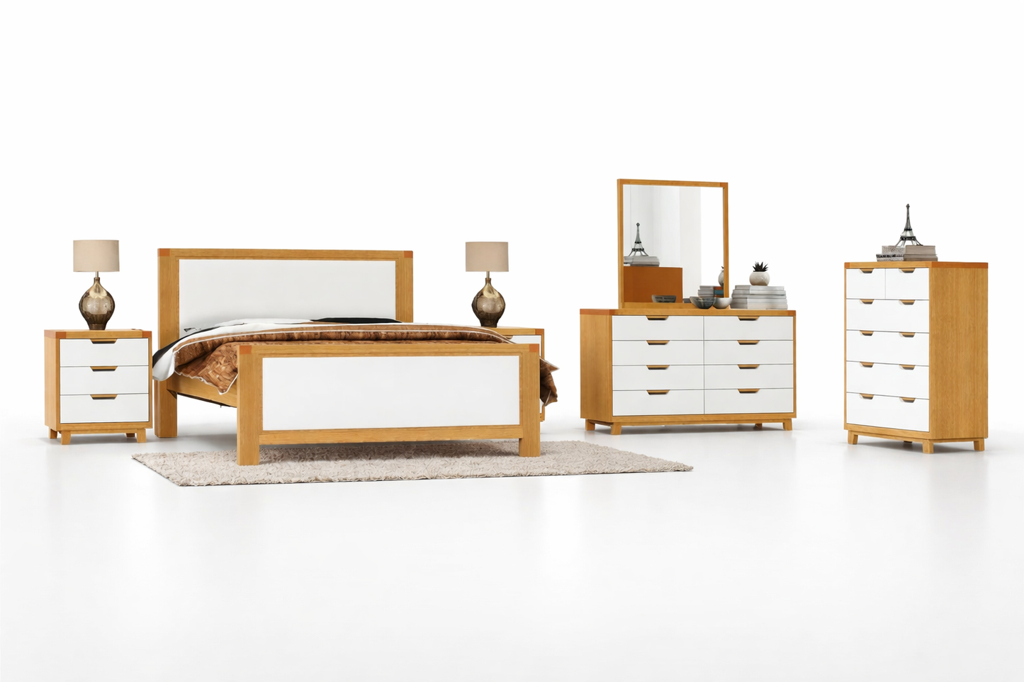 Avalon Double Or Queen (AUSSIE MADE) 6 Piece (THE LOT) Bedroom Suite - 2 Tone - Tassie Oak Combination / Custom Wood - Assorted Colours