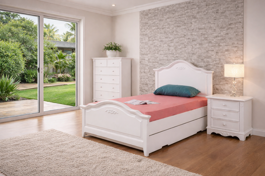 Single Harmony (LS-015) Bed With Matching Single Under Bed Trundle (MODEL 13-5-12-15-4-25) - Ivory White