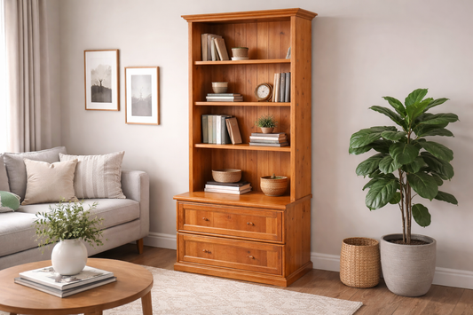 Mudgee (AUSSIE MADE) Bookcase Combo + Drawer & Lid Collection - Assorted Stained Colours
