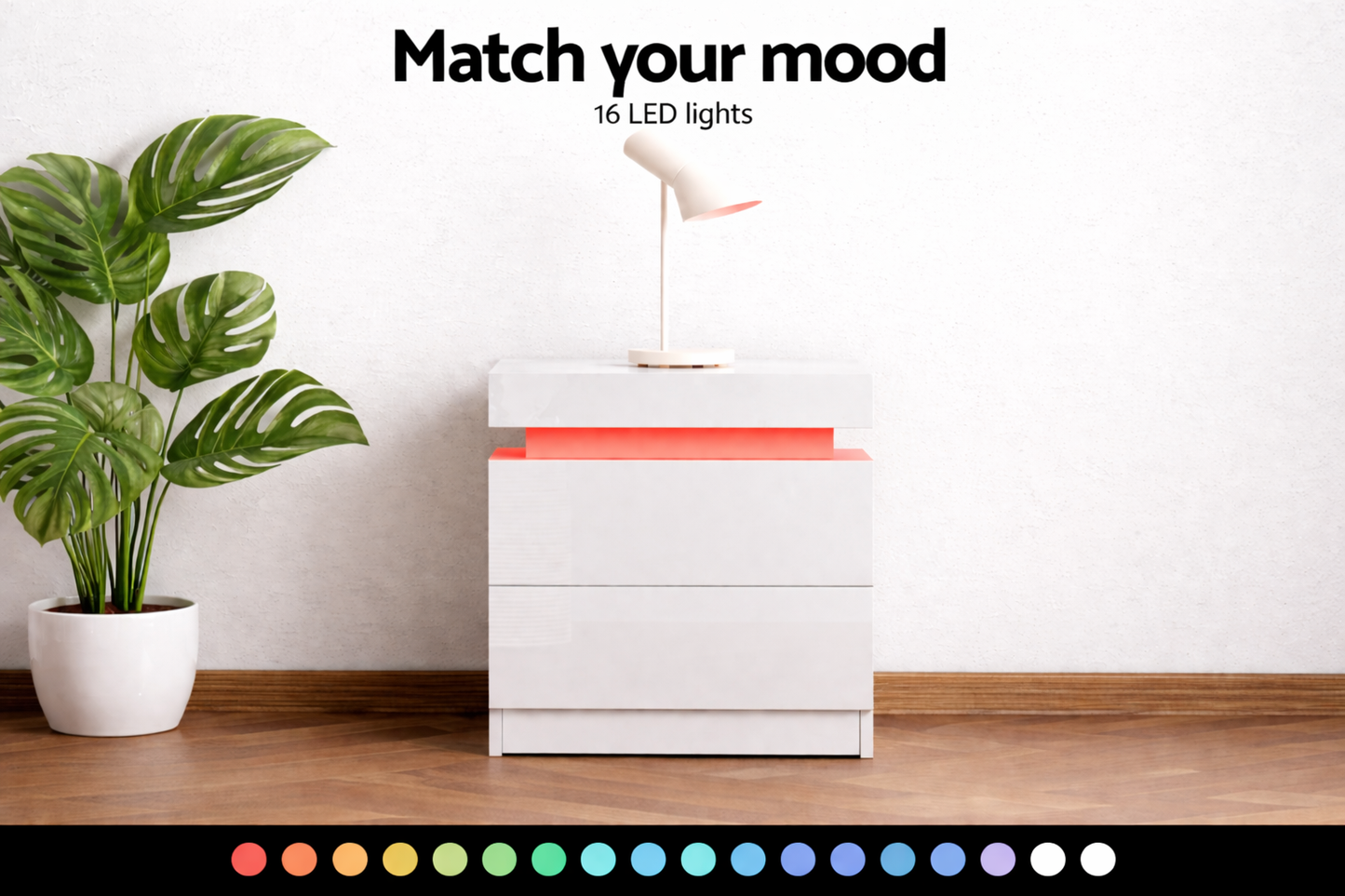 Lewis 2 Drawer Bedside Table With Rgb LED – High Gloss White