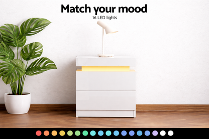 Lewis 2 Drawer Bedside Table With Rgb LED – High Gloss White