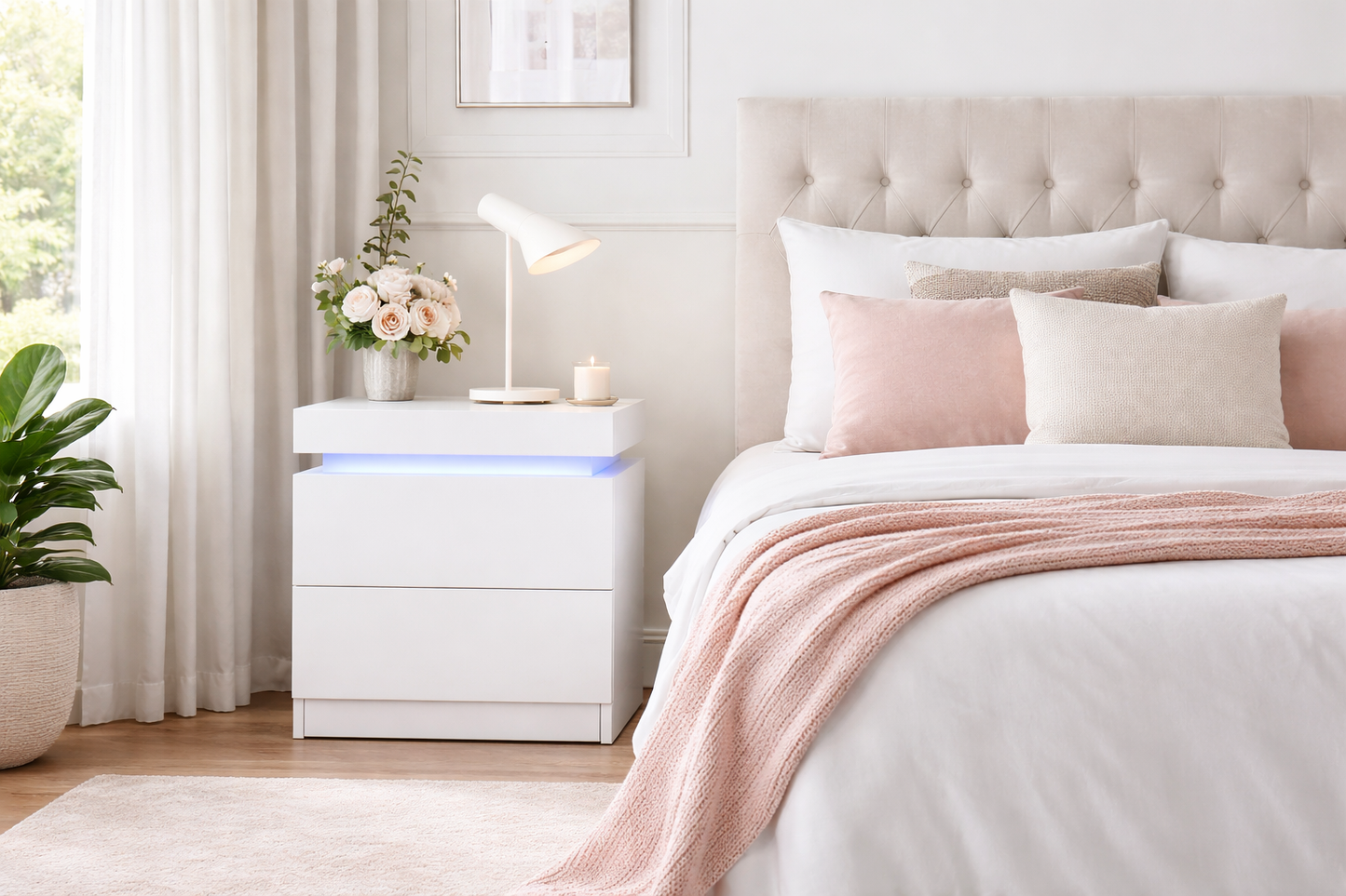 Lewis 2 Drawer Bedside Table With Rgb LED – High Gloss White