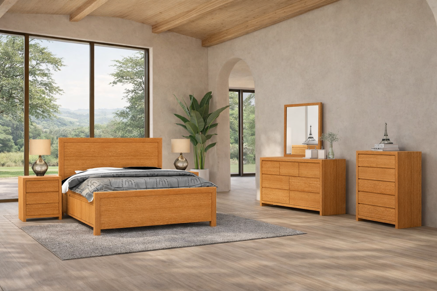 Double Or Queen Morgan (AUSSIE MADE) 4 Piece (TALLBOY) Bedroom Suite With 2 Drawers Bed - Tassie Oak Combination - Assorted Colours