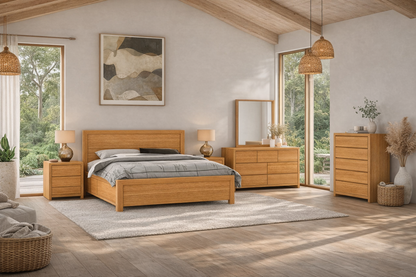 Double Or Queen Morgan (AUSSIE MADE) 4 Piece (TALLBOY) Bedroom Suite With 2 Drawers Bed - Tassie Oak Combination - Assorted Colours