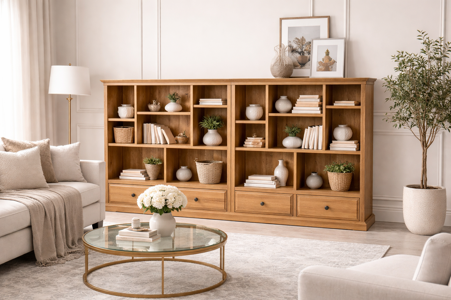 Heraldy (AUSSIE MADE) Lowline With 4 Drawers Pictured Framed (3 SECTION) Pigeon Paired Bookcase Collection - Assorted Stained Colours