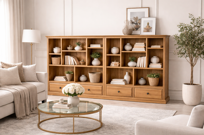 Heraldy (AUSSIE MADE) Lowline With 4 Drawers Pictured Framed (3 SECTION) Pigeon Paired Bookcase Collection - Assorted Stained Colours