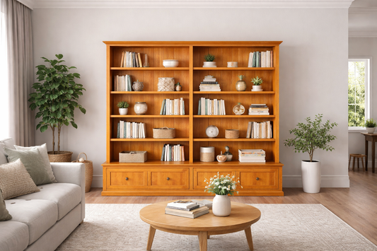 Mudgee (AUSSIE MADE) Bookcase Combo With 2 Pull Out Drawer Collection - (2 SECTIONS) - Assorted Stained Colours