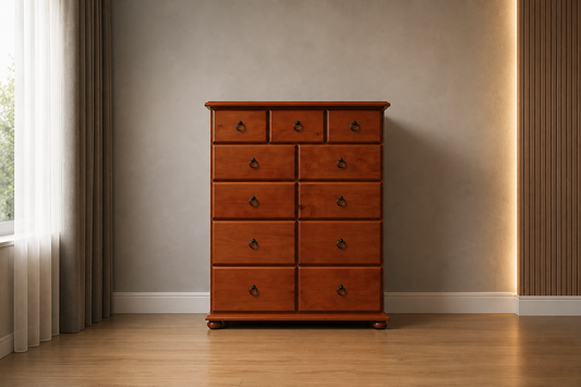Anna (AUSSIE MADE) 11 Drawers Solid Timber Tallboy Chest With Extension Runners - 1230(H) X 1200(W) - Assorted Colours