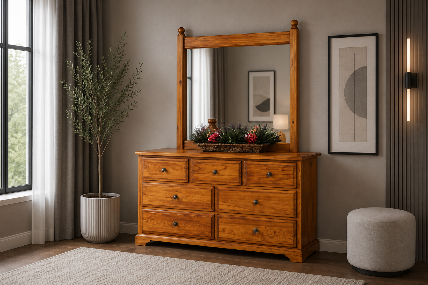 Avondale (AUSSIE MADE) 7 Drawer Dresser With Mirror - 795(H) X 1400(W) - Assorted Stained Colours