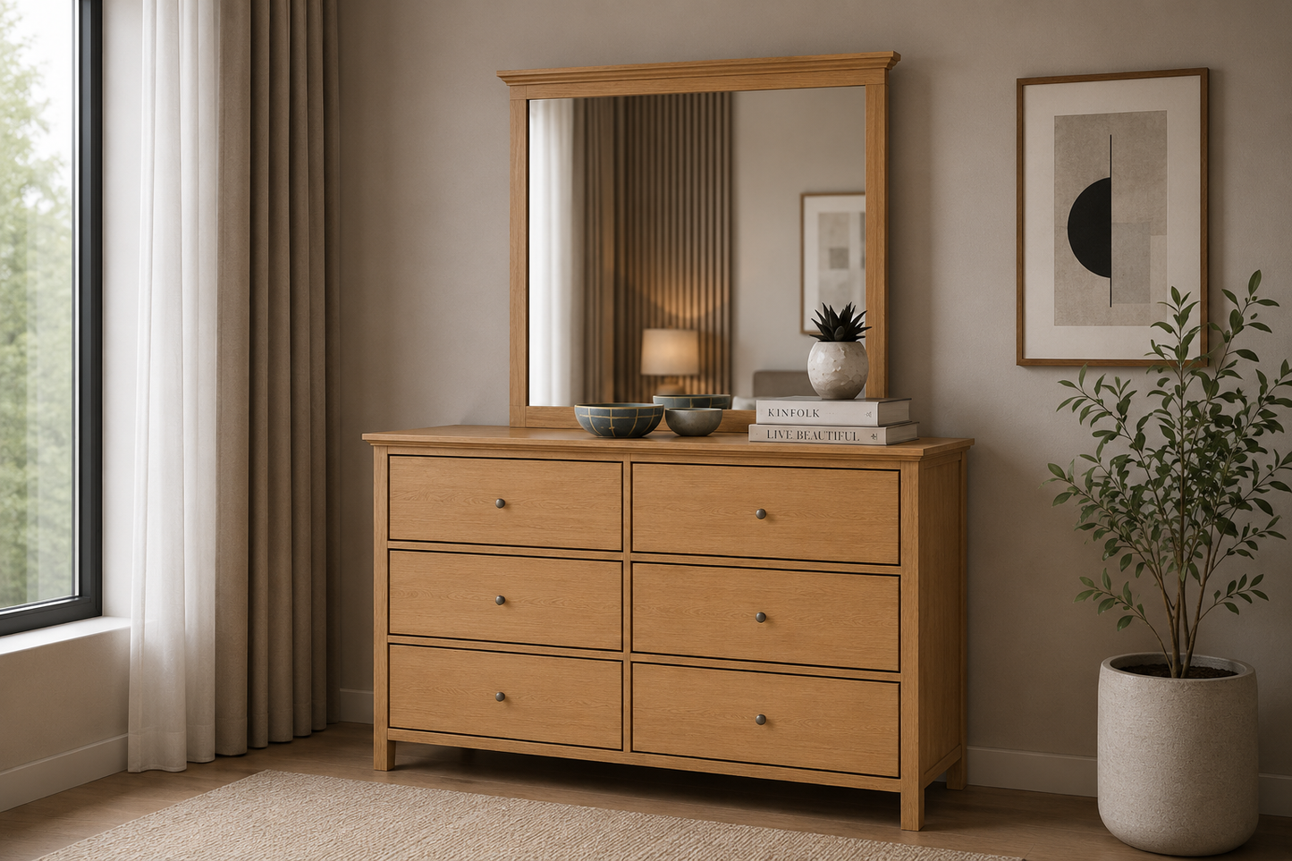 Jasper (AUSSIE MADE) 6 Drawer Dressing Table With Mirror - Tassie Oak Combination - Assorted Colours