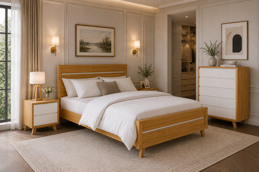 Trovato Double Or Queen (AUSSIE MADE) 5 Piece (DRESSER) Bedroom Suite - Tassie Oak Combination - Assorted Colours