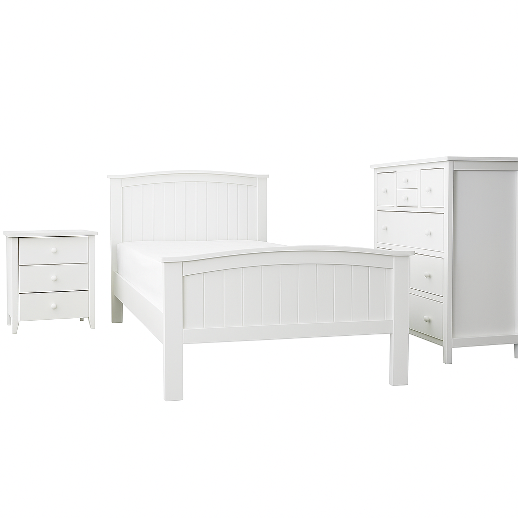 STELLA PANEL SINGLE OR KING SINGLE 3 PIECE BEDROOM SUITE WITH SOLID PANEL BEDHEAD - NOW WITH 5 DRAWER TALLBOY CHEST (NOT 7) - WHITE