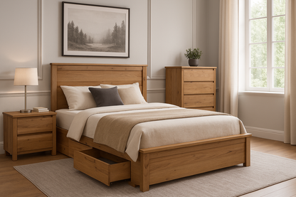 KING MONTANA (AUSSIE MADE) BED ONLY - WITH SIDE STORAGE DRAWERS - ASSORTED STAINED COLOURS