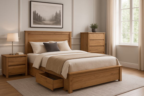 QUEEN MONTANA (AUSSIE MADE) BED ONLY - WITH SIDE STORAGE DRAWERS - ASSORTED STAINED COLOURS