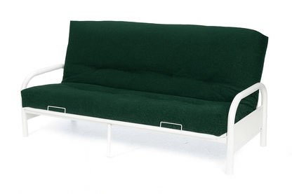 ALICE FUTON STYLE SOFA BED INCLUDING MATCHING DOUBLE CRUMB FUTON MATTRESS - WHITE FRAME / ASSORTED MATTRESS COLOURS