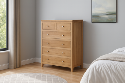 TERRELL (AUSSIE MADE) 6 DRAWER TALLBOY (2 OVER 4) - TASSIE OAK / TASSIE OAK VENEER COMBINATION - ASSORTED COLOURS