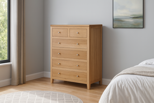 Terrell (AUSSIE MADE) 6 Drawer Tallboy (2 OVER 4) - Tassie Oak / Tassie Oak Veneer Combination - Assorted Colours