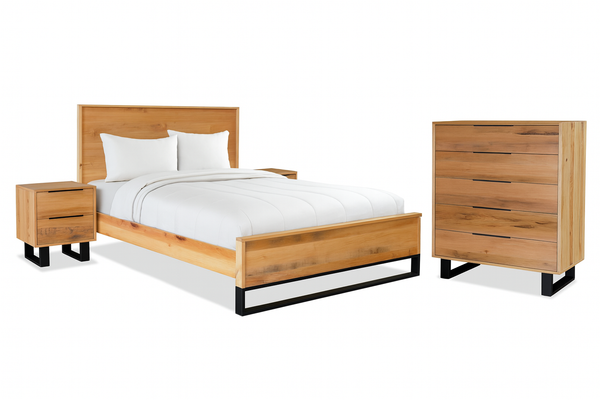 SYMTHESDALE QUEEN 4 PIECE (TALLBOY) BEDROOM SUITE - TASSIE OAK - ROUGH SAWN