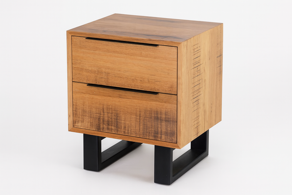 SMYTHSDALE 2 DRAWER BEDSIDE TABLE - TASSIE OAK - ROUGH SAWN