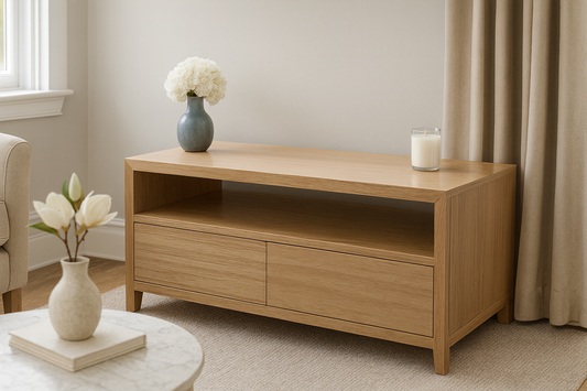 Morgan (AUSSIE MADE) 2 Drawer TV Entertainemnt Unit Collection - Tassie Oak Combination - Assorted Stained Colours