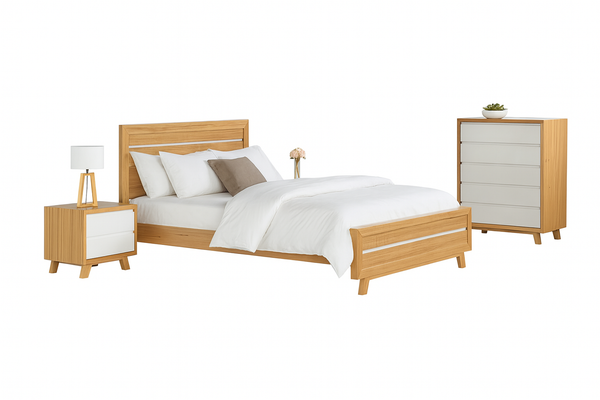 TROVATO SINGLE OR KING SINGLE (AUSSIE MADE) 3 PIECE (TALLBOY) BEDROOM SUITE - TASSIE OAK COMBINATION - ASSORTED COLOURS
