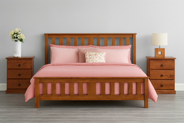 CARRINGTON DOUBLE OR QUEEN 4 PIECE TALLBOY BEDROOM SUITE WITH STANDARD CASE GOODS - GOLDEN OAK