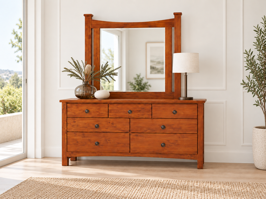 Madaline (AUSSIE MADE) 7 Drawer Dressing Table And Mirror - Assorted Stained Colours