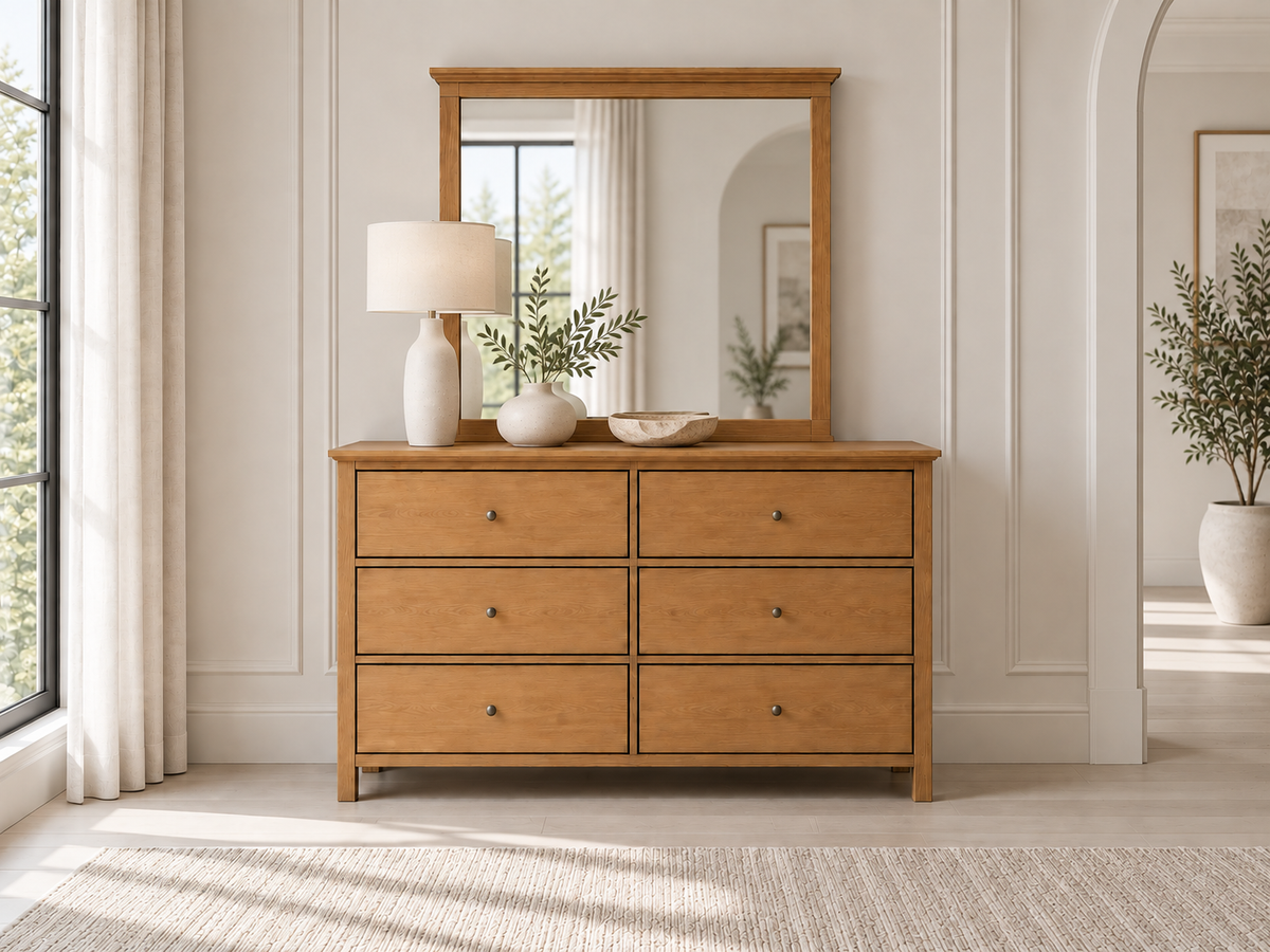 Jasper (AUSSIE MADE) 6 Drawer Dressing Table With Mirror - Tassie Oak Combination - Assorted Colours