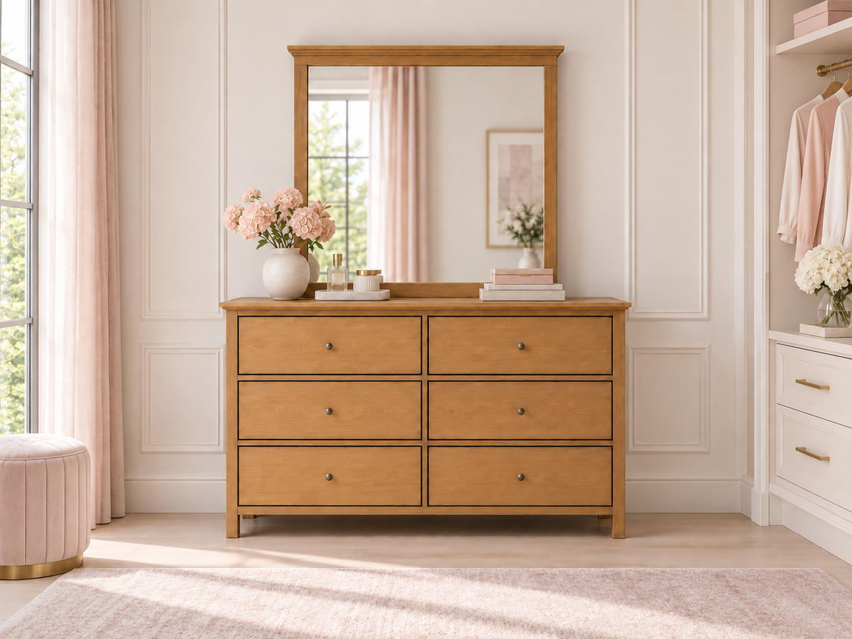 Jasper (AUSSIE MADE) 6 Drawer Dressing Table With Mirror - Tassie Oak Combination - Assorted Colours