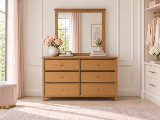 Jasper (AUSSIE MADE) 6 Drawer Dressing Table With Mirror - Tassie Oak Combination - Assorted Colours