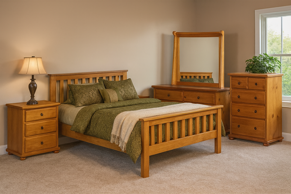 FEDERATION (AUSSIE MADE) MATCHING FOOT KING 4 PIECE TALLBOY BEDROOM SUITE WITH BOB CASE GOODS - ASSORTED COLOURS