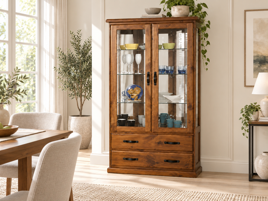 Drover (AUSSIE MADE) 2 Door / 2 Drawer Highline Glass Display Cabinet With Mirrored Back Collection - Assorted Stained Colours