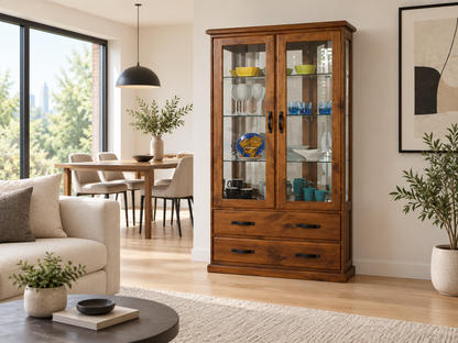 Drover (AUSSIE MADE) 2 Door / 2 Drawer Highline Glass Display Cabinet With Mirrored Back Collection - Assorted Stained Colours