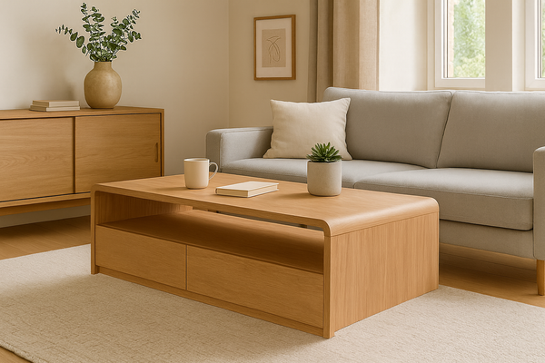 ANDRE (AUSSIE MADE) WITH 2 DRAWER COFFEE TABLE COLLECTION - TASSIE OAK COMBINATION - ASSORTED STAINED COLOURS - STARTING FROM $1299