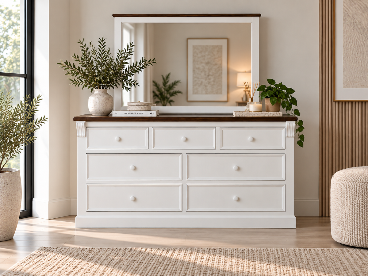 Jane (AUSSIE MADE) 7 Drawer Dressing Table And Mirror - 800(H) X 1500(W) - Assorted Colours
