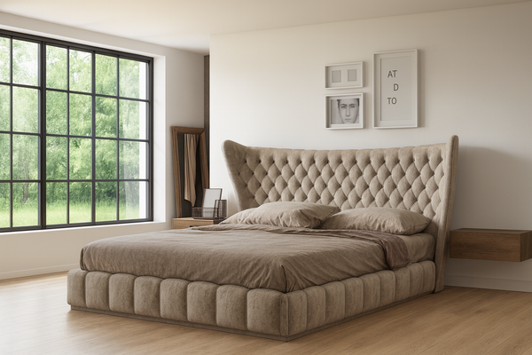 SUPER KING BECKY BED DIAMONTE OR BUTTONS - LINEN, VELVET OR LEATHERETTE - ASSORTED COLOURS