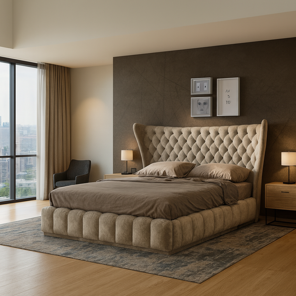 QUEEN BECKY BED DIAMONTE OR BUTTONS - LINEN, VELVET OR LEATHERETTE - ASSORTED COLOURS