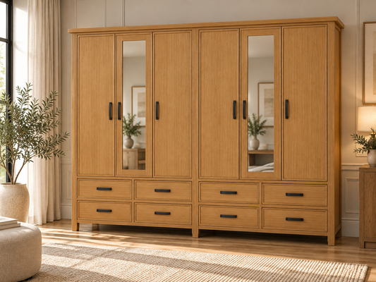 Sydneyside (AUSSIE MADE) 6 Door / 8 Drawer Mirror Robe - (3 SECTION) Pigeon Paired Collection - Tassie Oak Combination - Assorted Colours