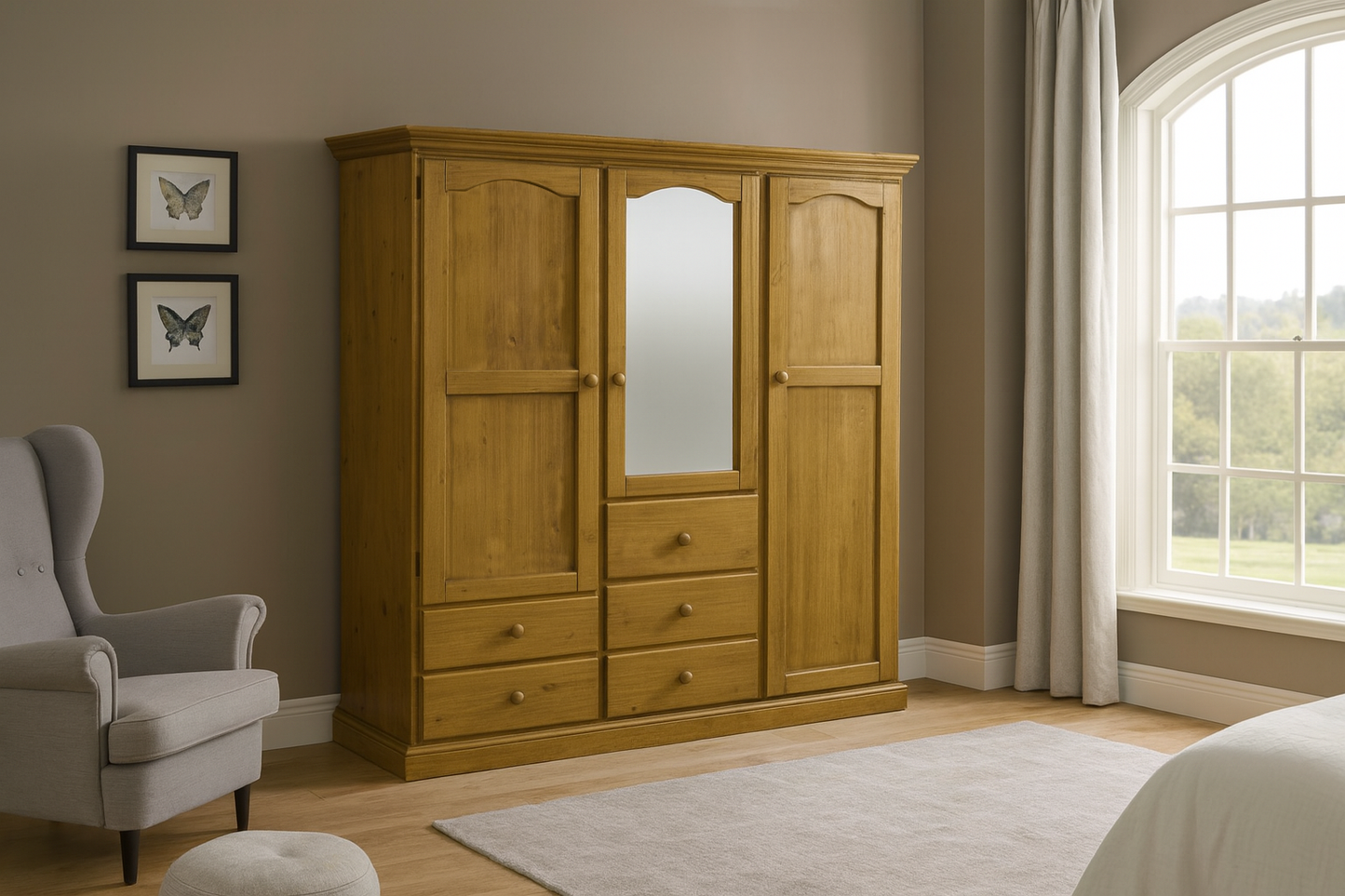 MUDGEE (AUSSIE MADE) 3 SECTION WITH 3 DOORS & 5 DRAWERS WARDROBE COLLECTION - ASSORTED STAINED COLOURS - STARTING FROM $1499