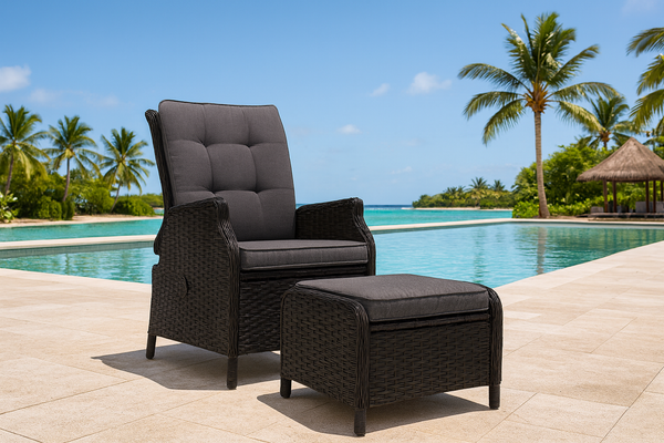ALMIRA OUTDOOR RECLINER SUN LOUNGE CHAIR WITH OTTOMAN - BLACK