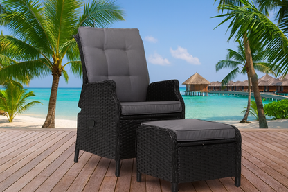 ALMIRA OUTDOOR RECLINER SUN LOUNGE CHAIR WITH OTTOMAN - BLACK