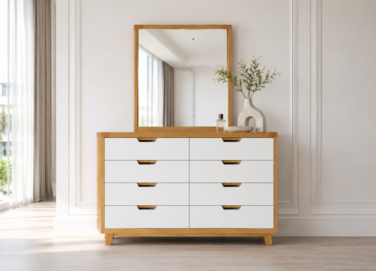 Avalon (AUSSIE MADE) 6 Drawer Dresser Table With Mirror - Tassie Oak Combination - 2 Tone - Assorted Colours