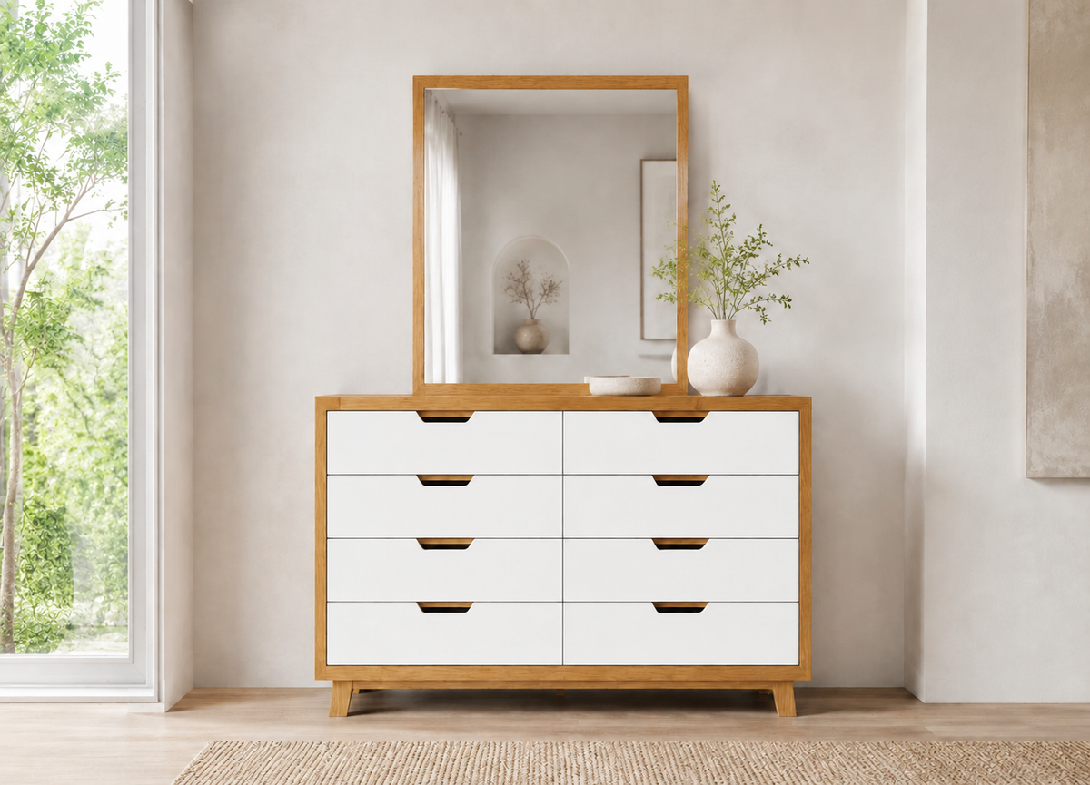 Avalon (AUSSIE MADE) 6 Drawer Dresser Table With Mirror - Tassie Oak Combination - 2 Tone - Assorted Colours