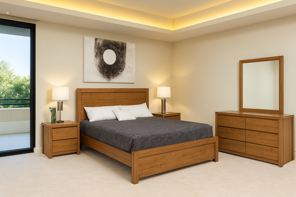 HUGO (AUSSIE MADE) DOUBLE OR QUEEN 3 PIECE (BEDSIDE) BEDROOOM SUITE  - TASMANIAN OAK COMBINATION - ASSORTED STAINED COLOURS