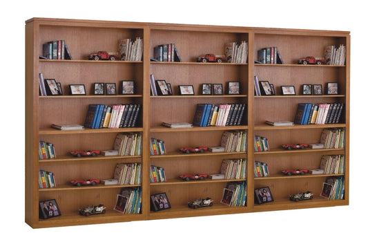 TINA STANDARD BOOKCASE (AUSSIE MADE) WITH GROOVED TOP & SMOOTH BACK - 2100(H) X 3600(W) - TASSIE OAK COMBINATION (3 SECTIONS) - ASSORTED STAINED COLOURS