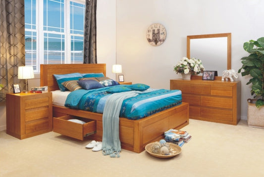 CLAREMONT / MORGAN DELUXE (AUSSIE MADE) DOUBLE OR QUEEN TASSIE OAK COMBINATION 5 PIECE (DRESSER) BEDROOM SUITE WITH 4 UNDER BED DRAWERS - ASSORTED COLOURS