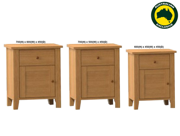 CRONULLA (AUSSIE MADE) BEDSIDE TABLE COLLECTION - TASSIE OAK COMBINATION - ASSORTED STAINED COLOURS - STARTING FROM $599