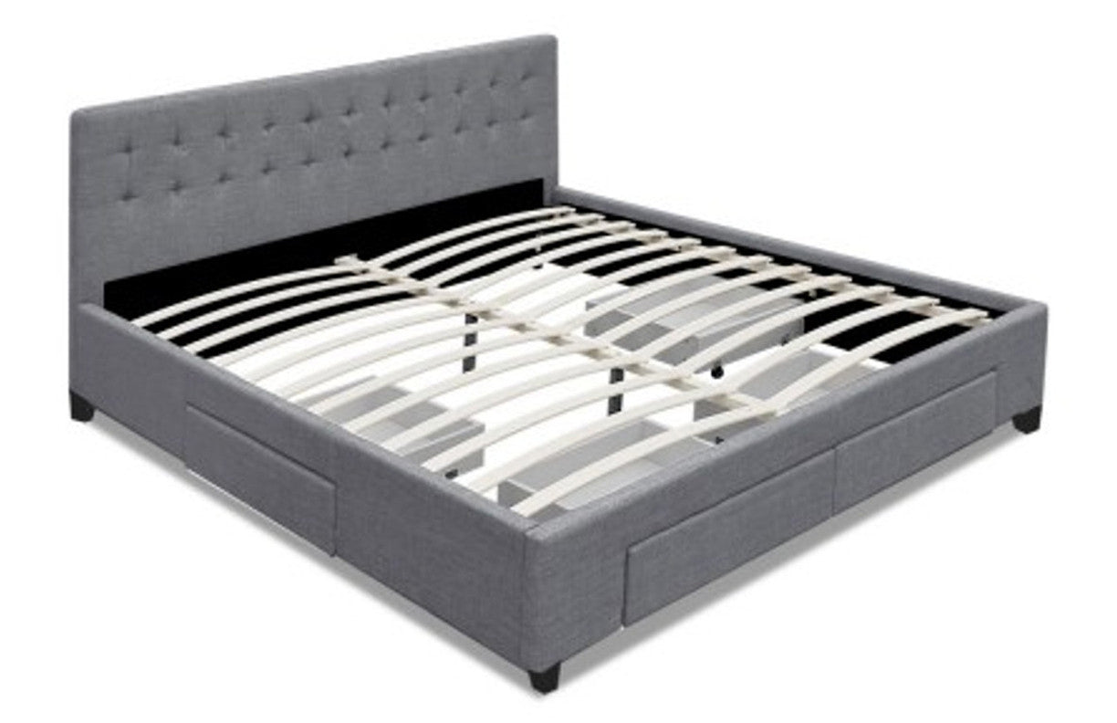 Double Devion Fabric Bed Frame With 4 Storage Drawers & Tufted Headboard - Grey
