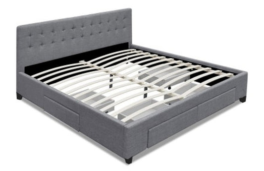 DOUBLE DEVION  FABRIC BED FRAME WITH 4 STORAGE DRAWERS & TUFTED HEADBOARD -  GREY