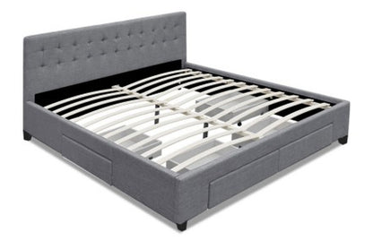 KING  DEVION  FABRIC BED FRAME WITH 4 STORAGE DRAWERS & TUFTED HEADBOARD -  GREY